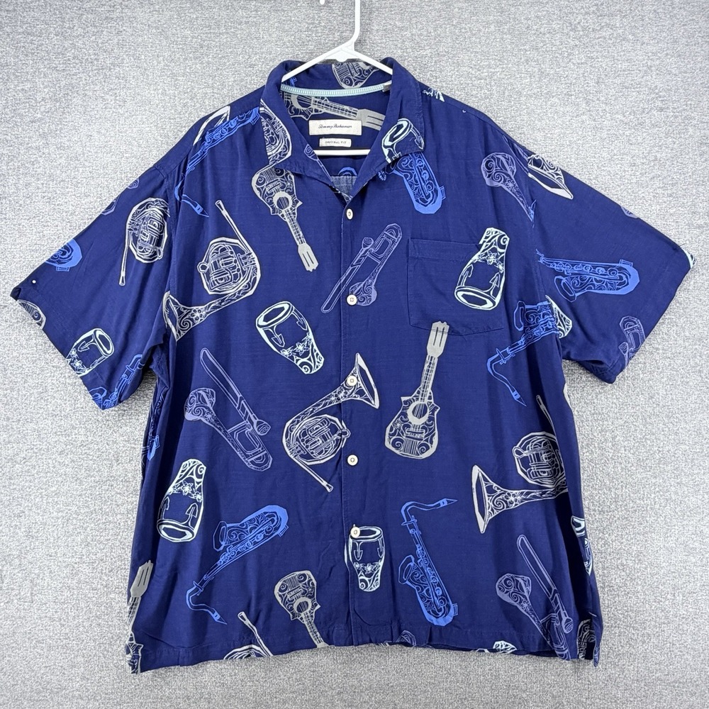 Tommy Bahama Shirt Men Size XL Blue Music Intstruments Shorts Sleeve Jazz